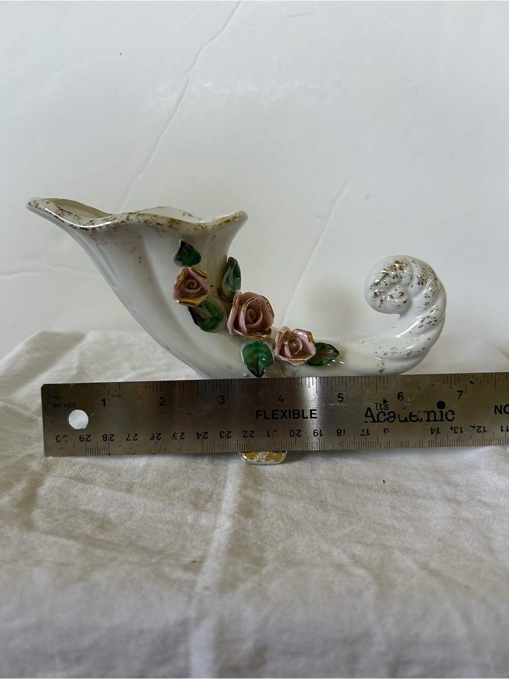 Porcelain White Cornucopia Vase with Pink Rose Accents - Picture 11 of 11